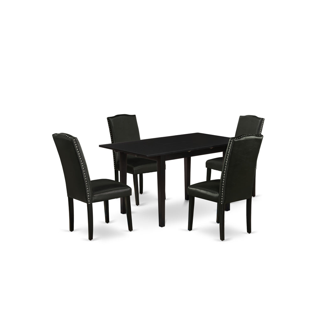 East West Furniture NOEN5-BLK-69 5 Piece Kitchen Table & Chairs Set Includes a Rectangle Butterfly Leaf Dining Table and 4 Black Faux Leather Parsons Chairs, 32x54 Inch, Black
