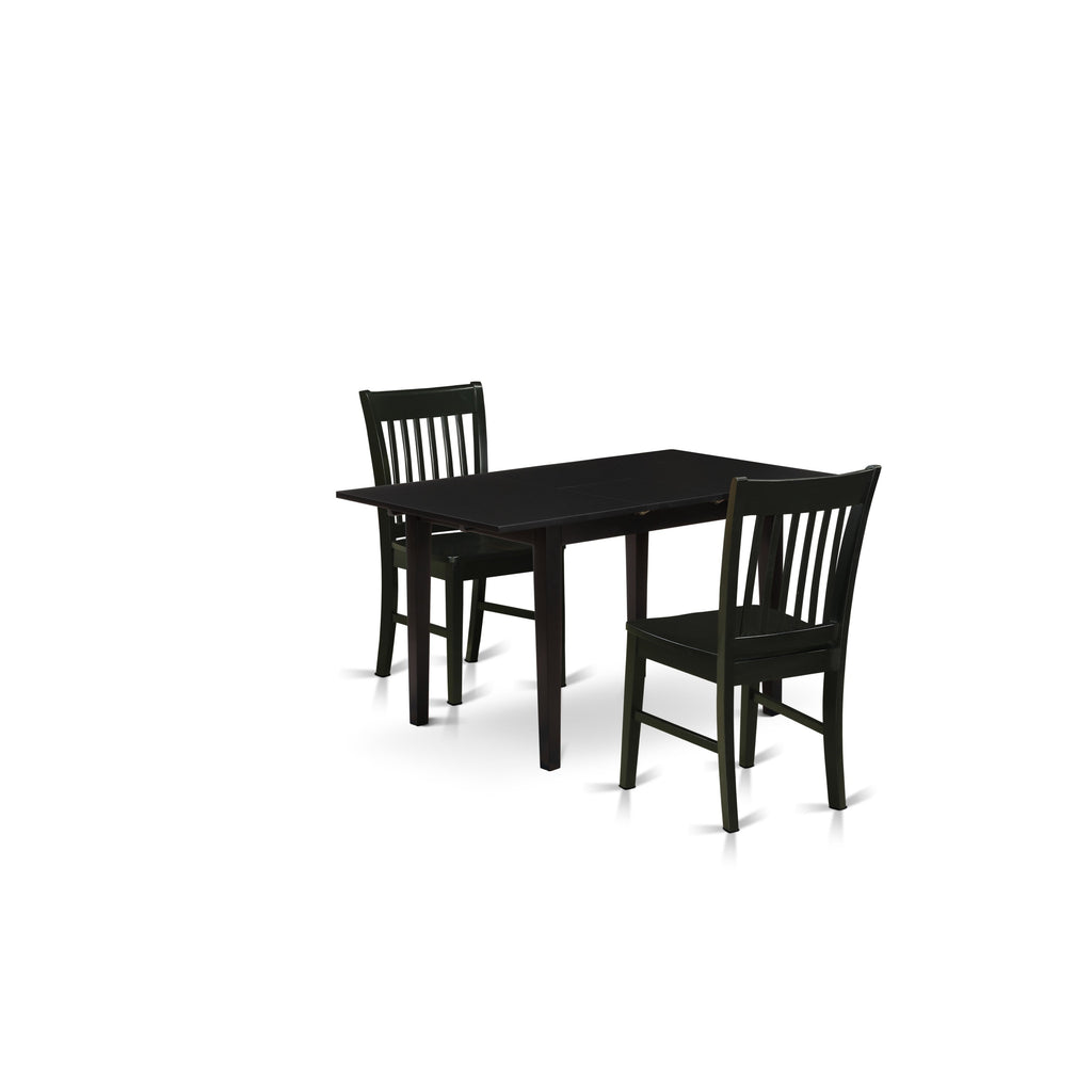 East West Furniture NOFK3-BLK-W 3 Piece Dining Set Contains a Rectangle Dining Table with Butterfly Leaf and 2 Kitchen Chairs, 32x54 Inch, Black