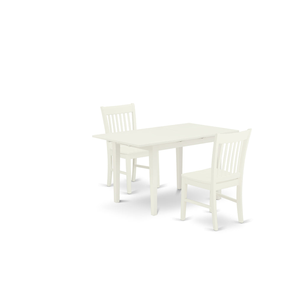 East West Furniture NOFK3-LWH-W 3 Piece Dining Room Furniture Set Contains a Rectangle Wooden Table with Butterfly Leaf and 2 Kitchen Dining Chairs, 32x54 Inch, Linen White