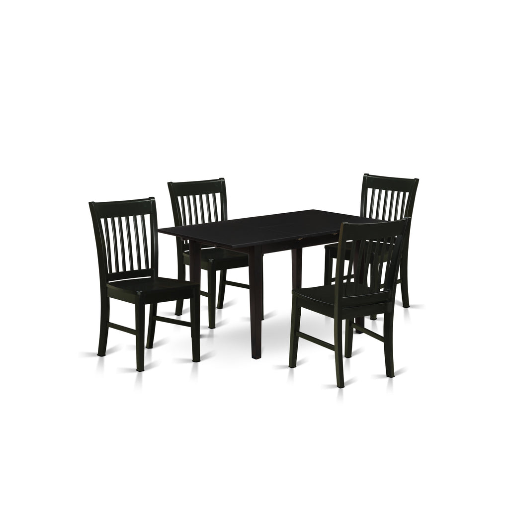 East West Furniture NOFK5-BLK-W 5 Piece Dining Table Set for 4 Includes a Rectangle Kitchen Table with Butterfly Leaf and 4 Dining Room Chairs, 32x54 Inch, Black