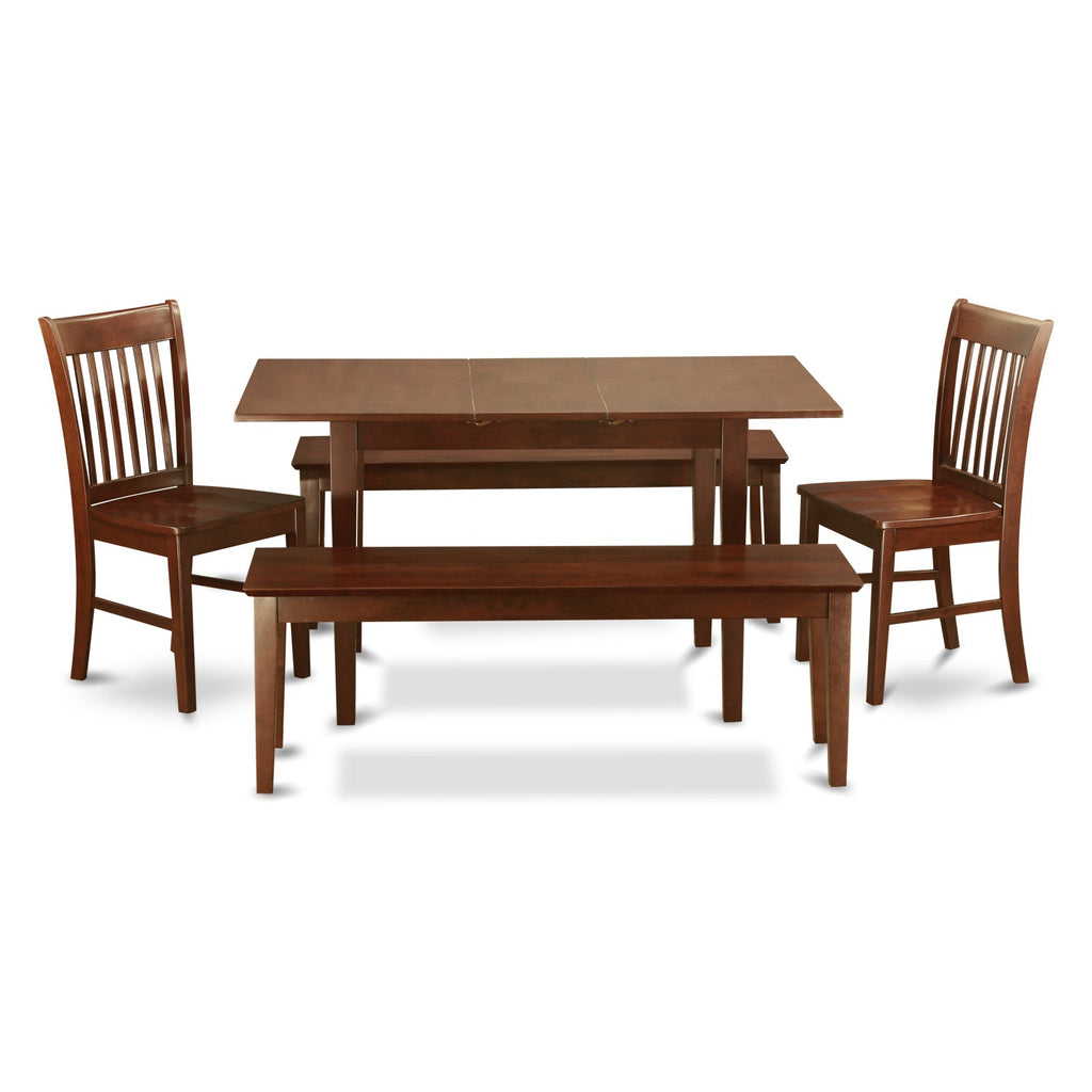 East West Furniture NOFK5C-MAH-W 5 Piece Dining Set Includes a Rectangle Dining Table with Butterfly Leaf and 2 Kitchen Chairs with 2 Benches, 32x54 Inch, Mahogany