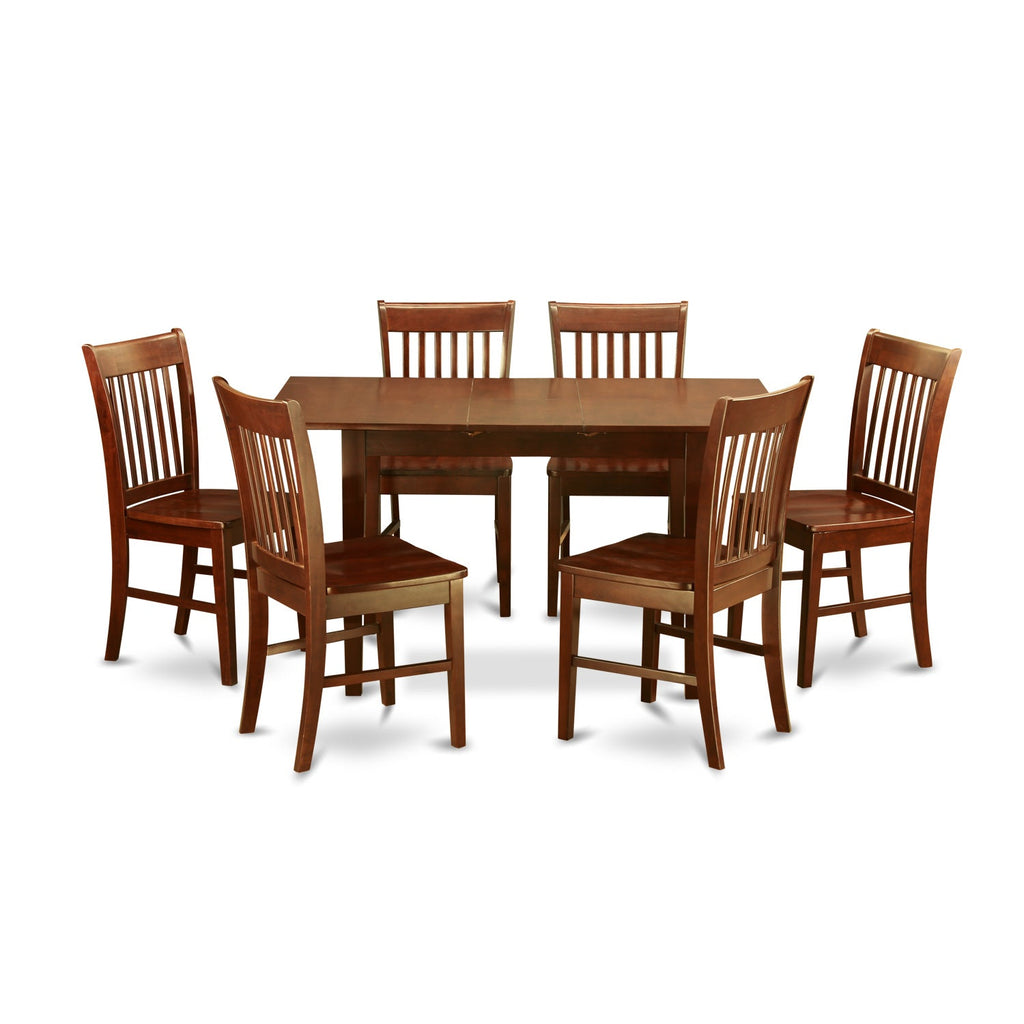 East West Furniture NOFK7-MAH-W 7 Piece Dining Room Table Set Consist of a Rectangle Wooden Table with Butterfly Leaf and 6 Kitchen Dining Chairs, 32x54 Inch, Mahogany