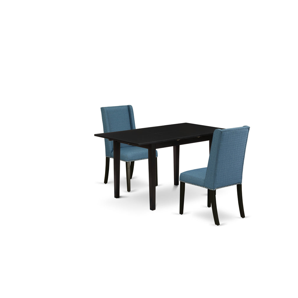 East West Furniture NOFL3-BLK-21 3 Piece Modern Dining Table Set Contains a Rectangle Wooden Table with Butterfly Leaf and 2 Blue Linen Fabric Upholstered Chairs, 32x54 Inch, Black