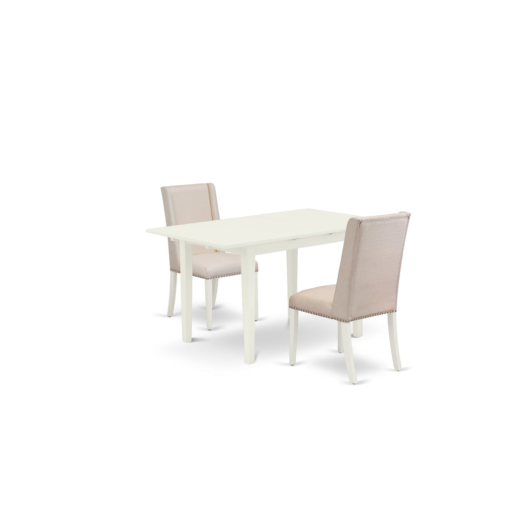 East West Furniture NOFL3-LWH-01 3 Piece Dinette Set for Small Spaces Contains a Rectangle Butterfly Leaf Table and 2 Cream Linen Fabric Upholstered Chairs, 32x54 Inch, Linen White