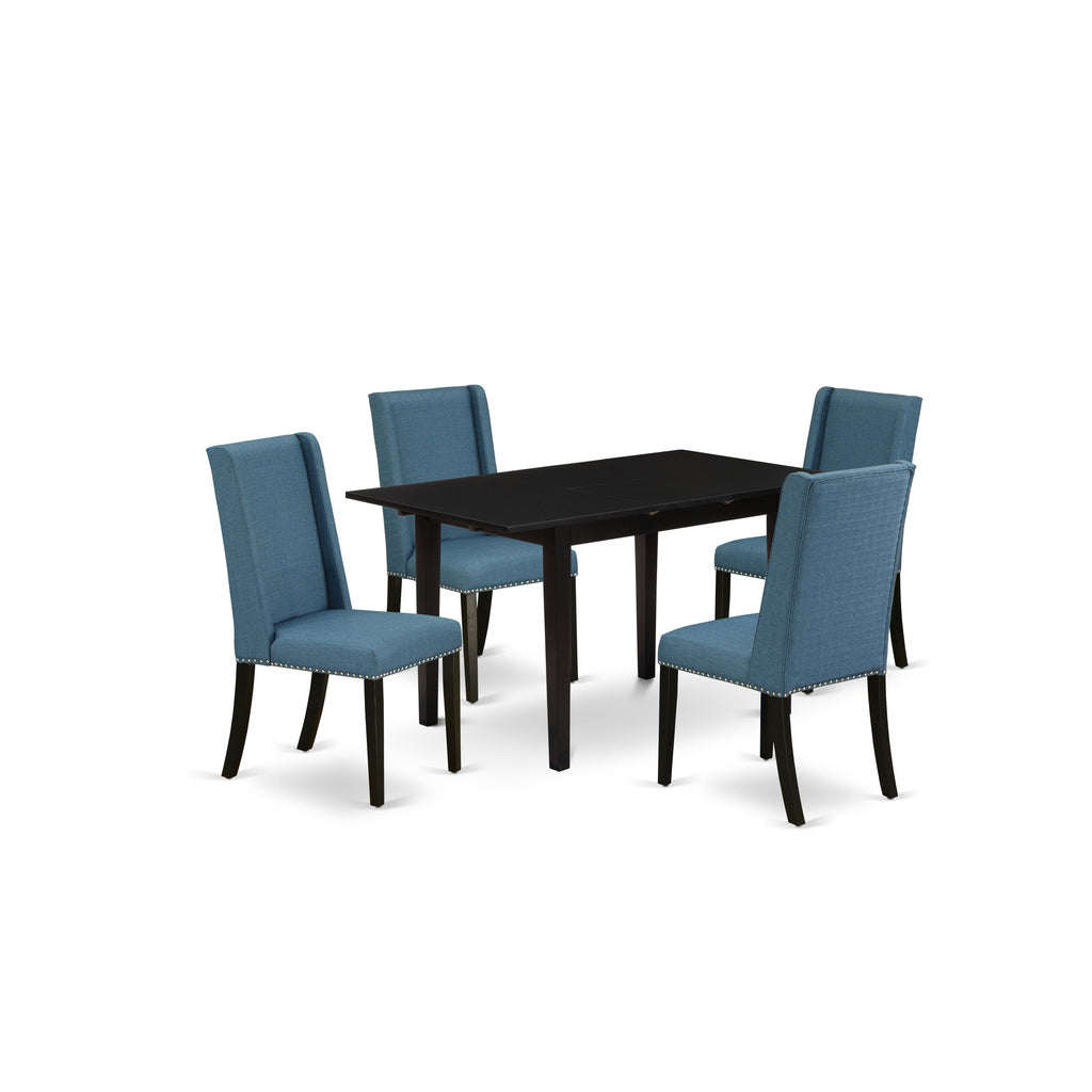 East West Furniture NOFL5-BLK-21 5 Piece Dinette Set for 4 Includes a Rectangle Dining Room Table with Butterfly Leaf and 4 Blue Linen Fabric Upholstered Chairs, 32x54 Inch, Black