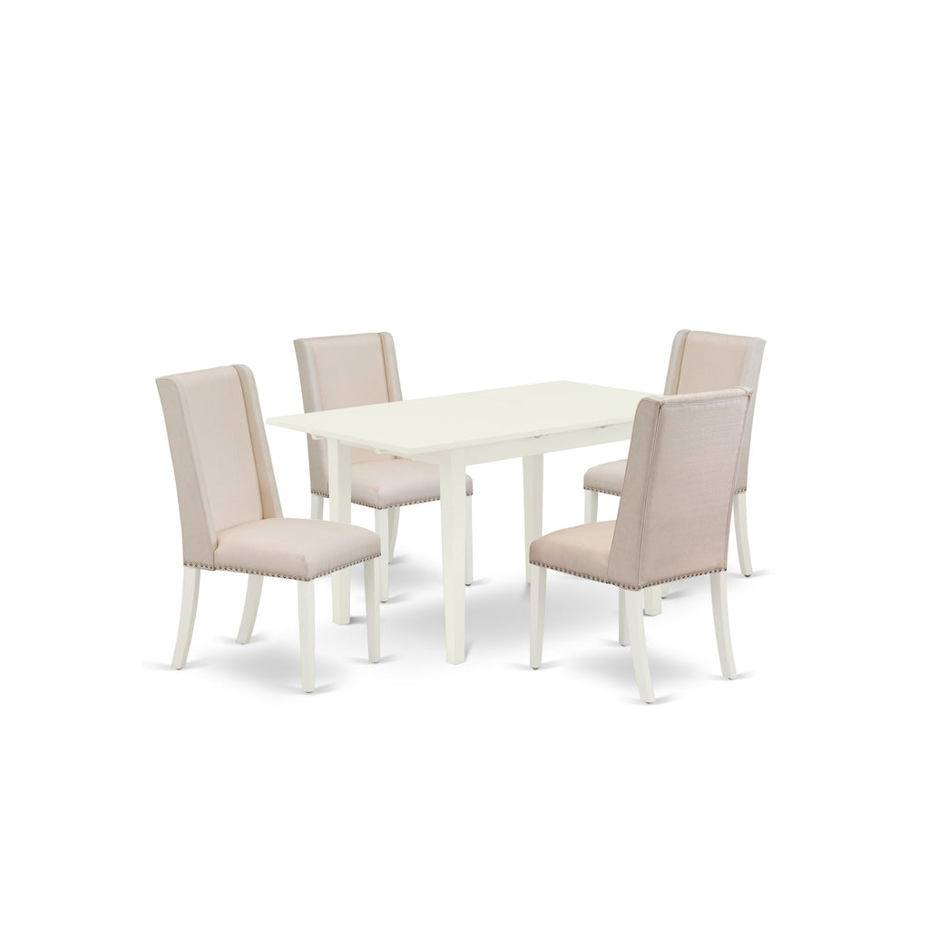 East West Furniture NOFL5-LWH-01 5 Piece Modern Dining Table Set Includes a Rectangle Wooden Table with Butterfly Leaf and 4 Cream Linen Fabric Upholstered Chairs, 32x54 Inch, Linen White
