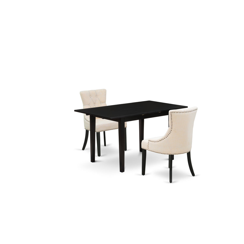 East West Furniture NOFR3-BLK-02 3 Piece Dining Table Set Contains a Rectangle Dining Room Table with Butterfly Leaf and 2 Light Beige Linen Fabric Parson Chairs, 32x54 Inch, Black