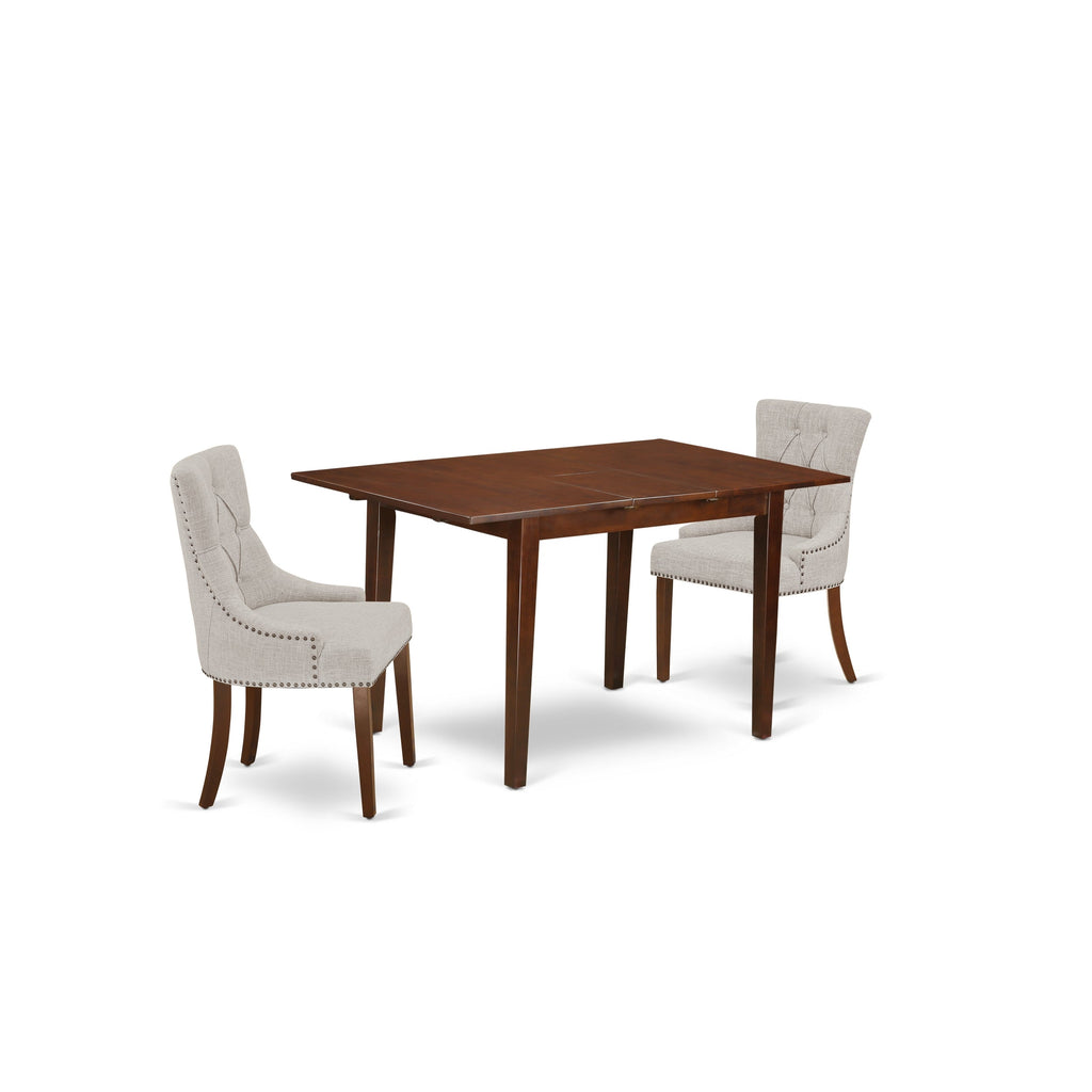 East West Furniture NOFR3-MAH-05 3 Piece Kitchen Table Set Contains a Rectangle Dining Room Table with Butterfly Leaf and 2 Doeskin Linen Fabric Parsons Chairs, 32x54 Inch, Mahogany