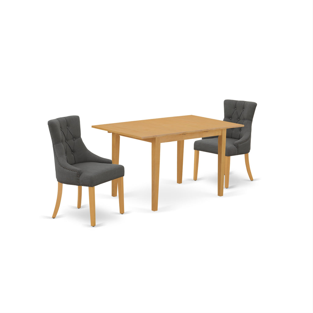 East West Furniture NOFR3-OAK-20 3 Piece Dining Room Set Contains a Rectangle Wooden Table with Butterfly Leaf and 2 Dark Gotham Linen Fabric Parson Dining Chairs, 32x54 Inch, Oak