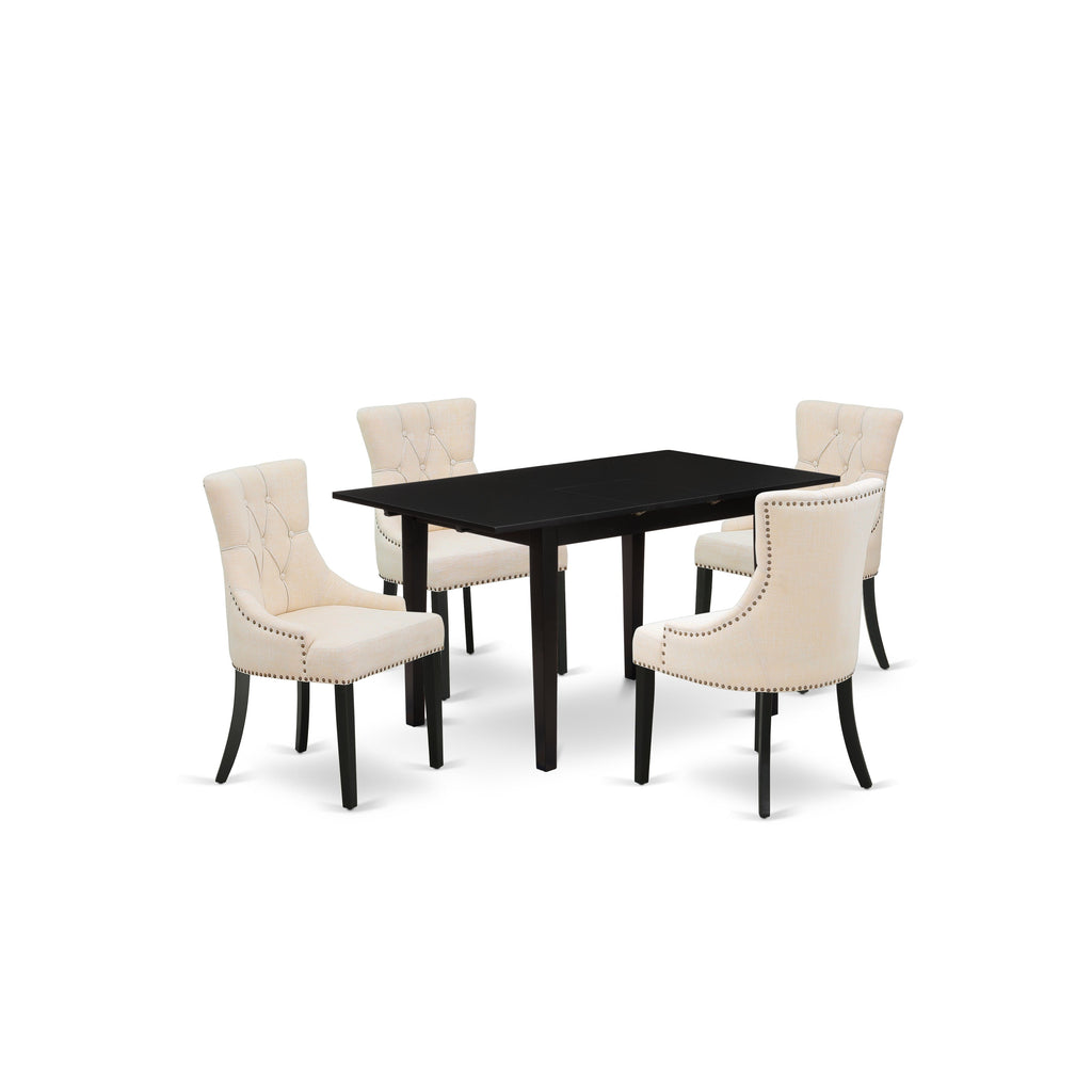 East West Furniture NOFR5-BLK-02 5 Piece Dining Table Set Includes a Rectangle Wooden Table with Butterfly Leaf and 4 Light Beige Linen Fabric Upholstered Chairs, 32x54 Inch, Black