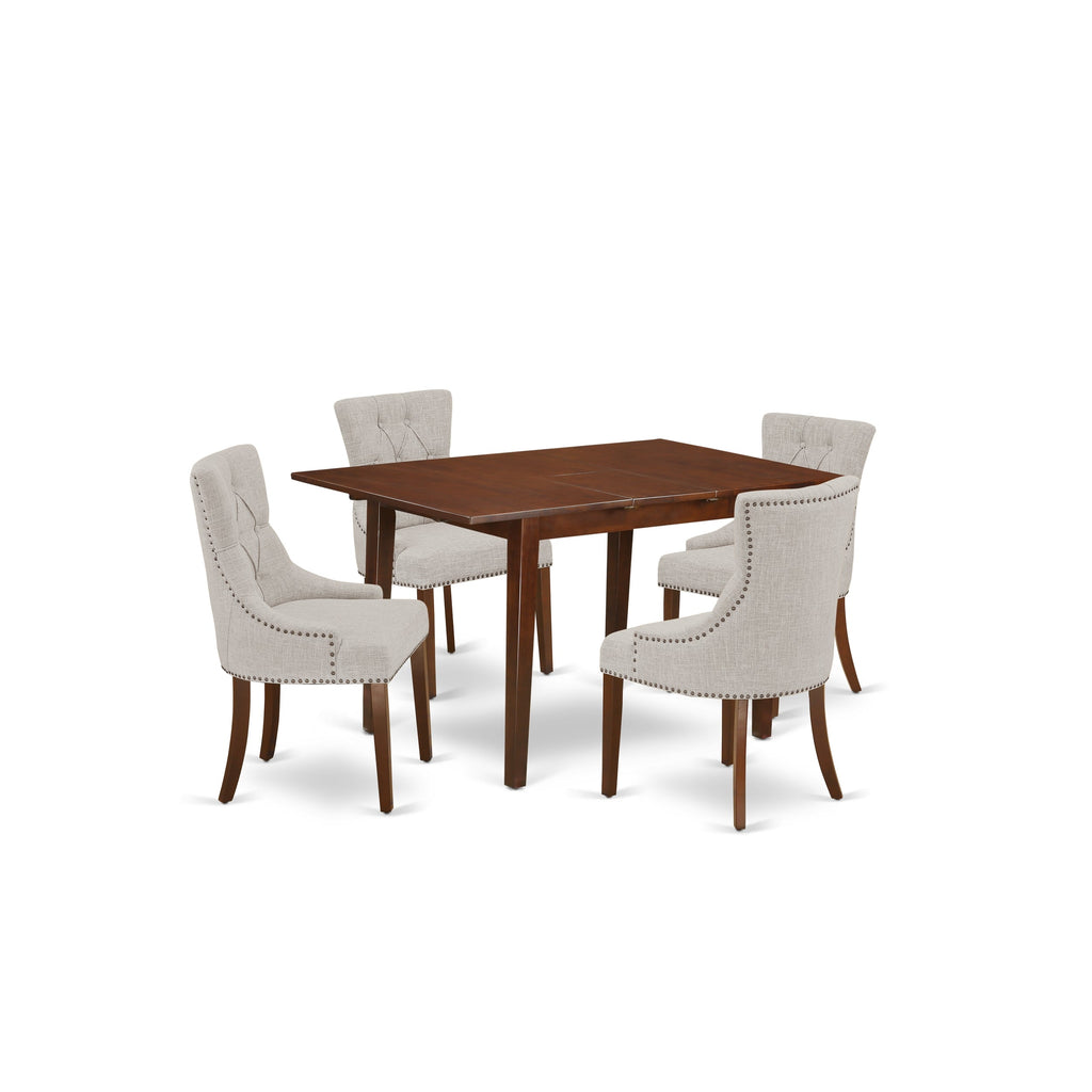 East West Furniture NOFR5-MAH-05 5 Piece Kitchen Table Set for 4 Includes a Rectangle Dining Table with Butterfly Leaf and 4 Doeskin Linen Fabric Parson Chairs, 32x54 Inch, Mahogany