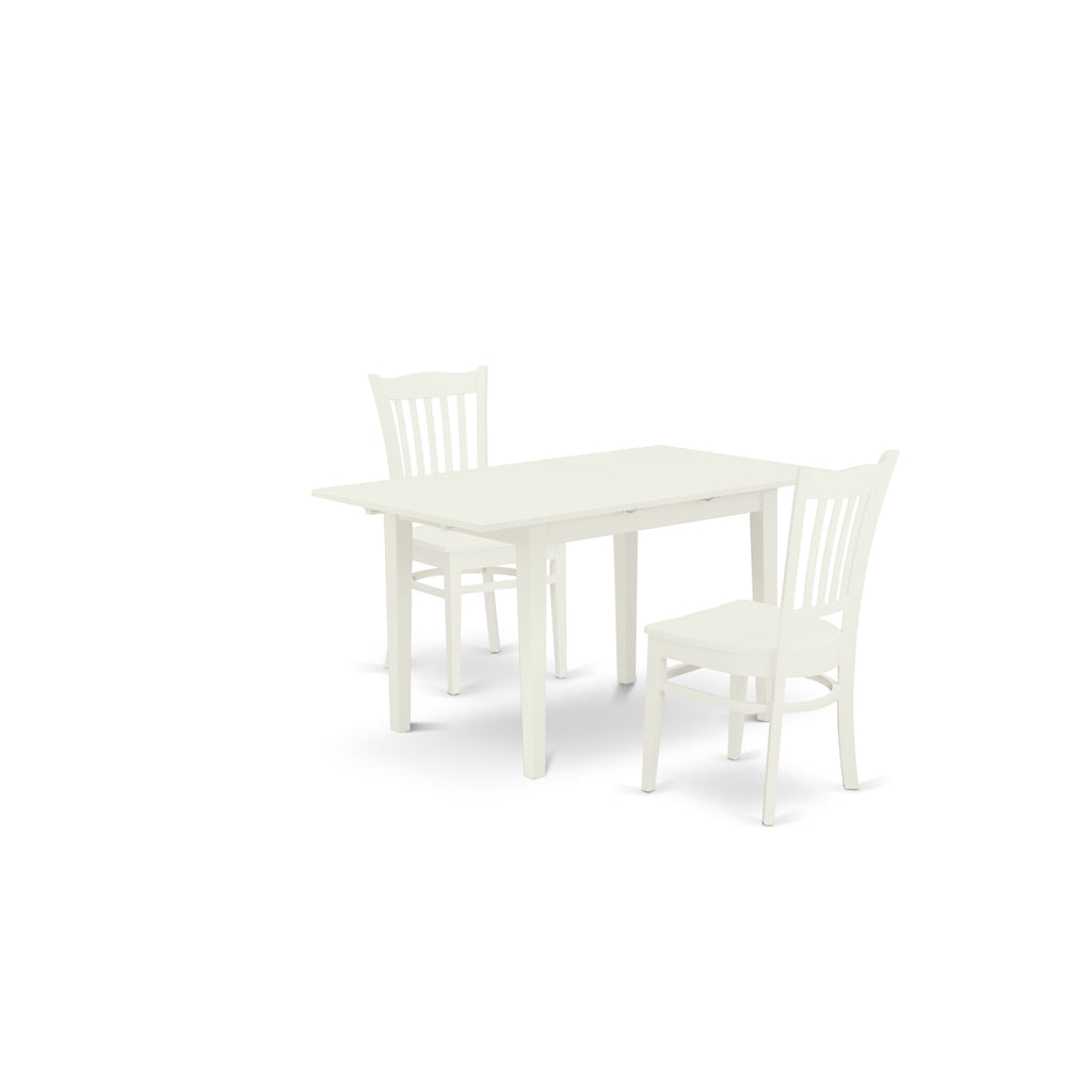 East West Furniture NOGR3-WHI-W 3 Piece Dining Room Furniture Set Contains a Rectangle Kitchen Table with Butterfly Leaf and 2 Dining Chairs, 32x54 Inch, Linen White