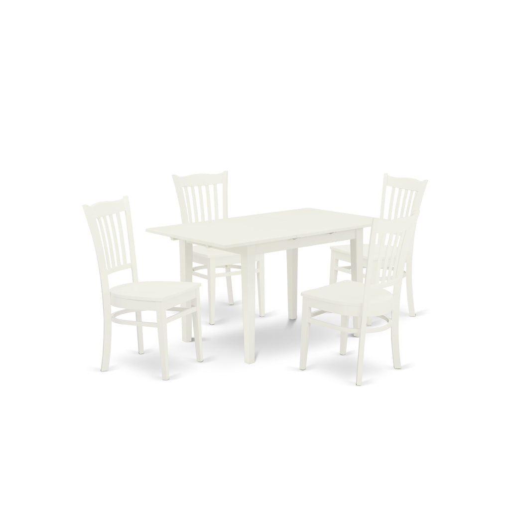East West Furniture NOGR5-WHI-W 5 Piece Kitchen Table Set for 4 Includes a Rectangle Dining Room Table with Butterfly Leaf and 4 Solid Wood Seat Chairs, 32x54 Inch, Linen White