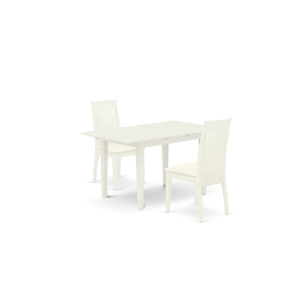 East West Furniture NOIP3-LWH-C 3 Piece Kitchen Table & Chairs Set Contains a Rectangle Dining Table with Butterfly Leaf and 2 Linen Fabric Dining Room Chairs, 32x54 Inch, Linen White