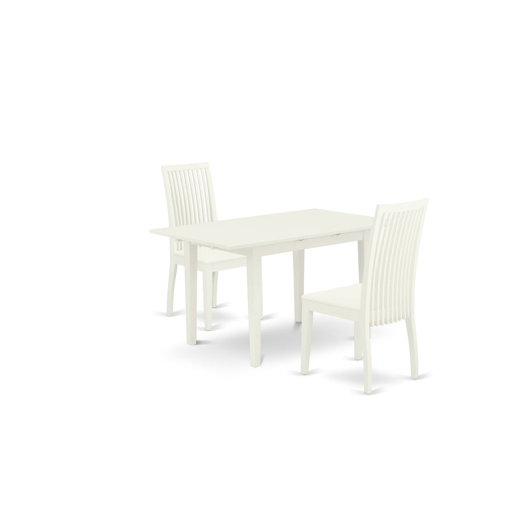 East West Furniture NOIP3-LWH-W 3 Piece Dinette Set for Small Spaces Contains a Rectangle Dining Table with Butterfly Leaf and 2 Kitchen Dining Chairs, 32x54 Inch, Linen White