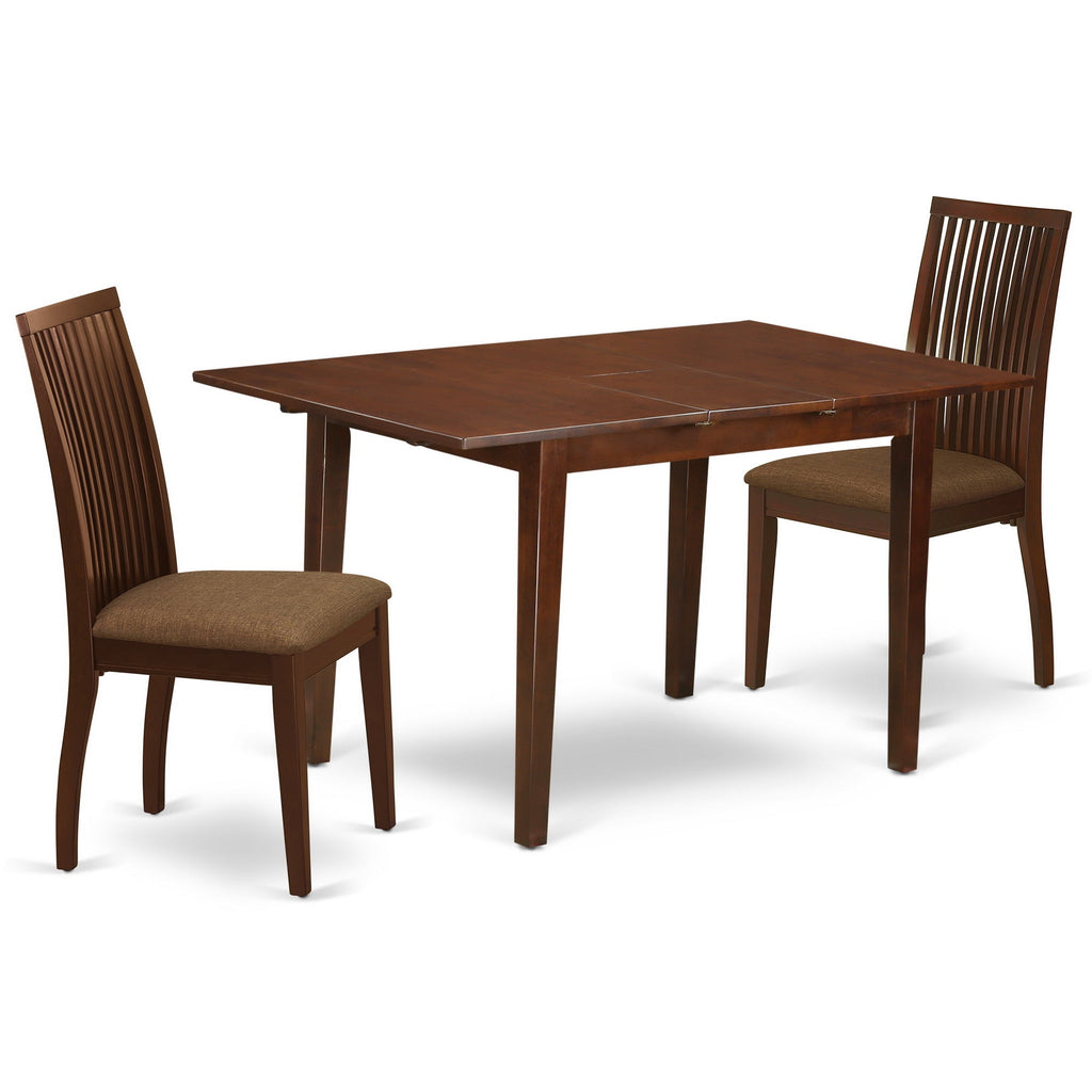 East West Furniture NOIP3-MAH-C 3 Piece Dining Room Furniture Set Contains a Rectangle Kitchen Table with Butterfly Leaf and 2 Linen Fabric Upholstered Chairs, 32x54 Inch, Mahogany