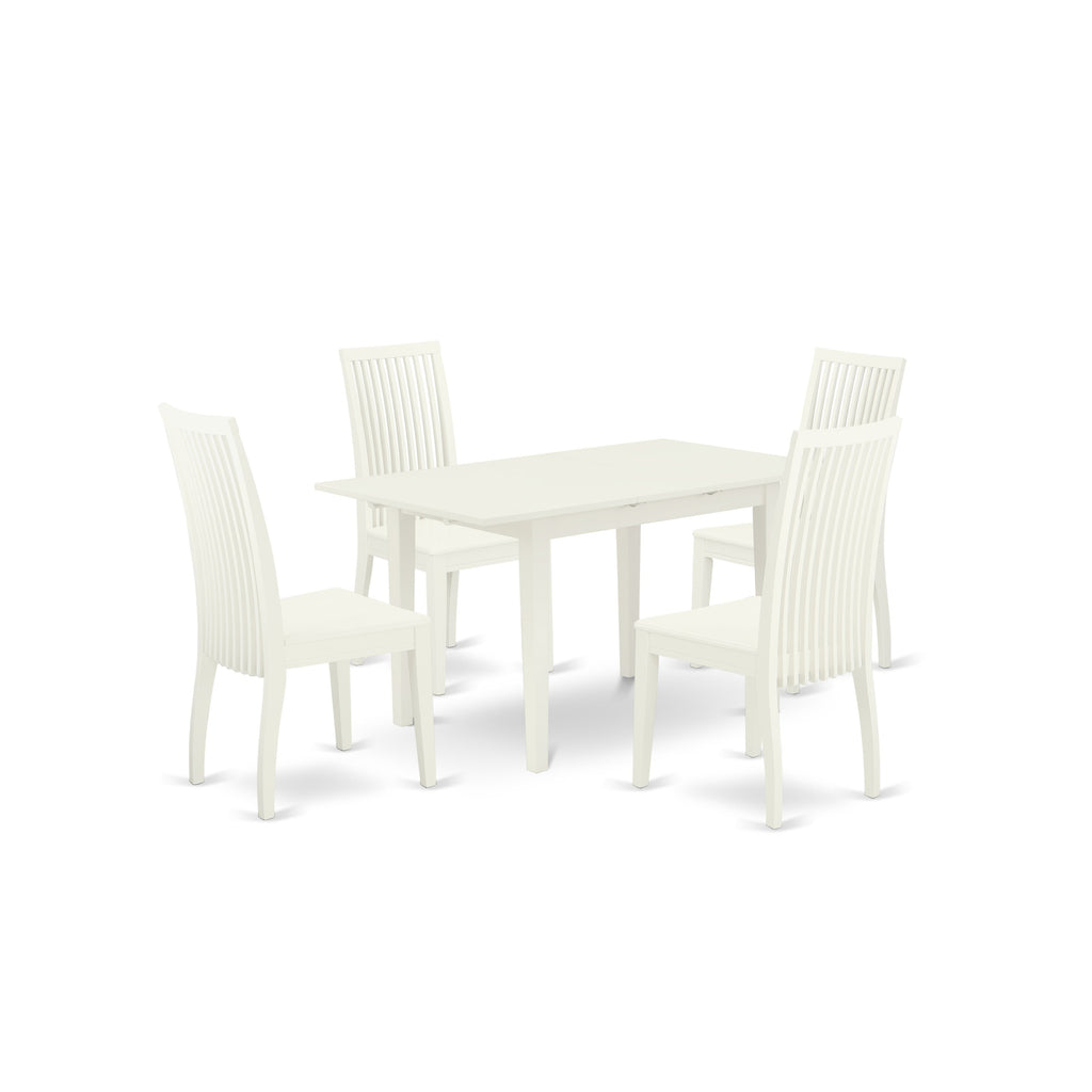East West Furniture NOIP5-LWH-W 5 Piece Dining Table Set for 4 Includes a Rectangle Kitchen Table with Butterfly Leaf and 4 Dinette Chairs, 32x54 Inch, Linen White