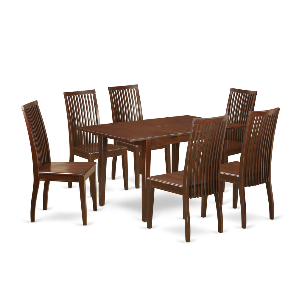 East West Furniture NOIP7-MAH-W 7 Piece Dining Set Consist of a Rectangle Dining Room Table with Butterfly Leaf and 6 Kitchen Chairs, 32x54 Inch, Mahogany