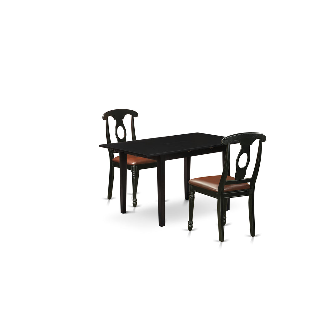 East West Furniture NOKE3-BLK-LC 3 Piece Dining Table Set Contains a Rectangle Dining Room Table with Butterfly Leaf and 2 Faux Leather Upholstered Chairs, 32x54 Inch, Black