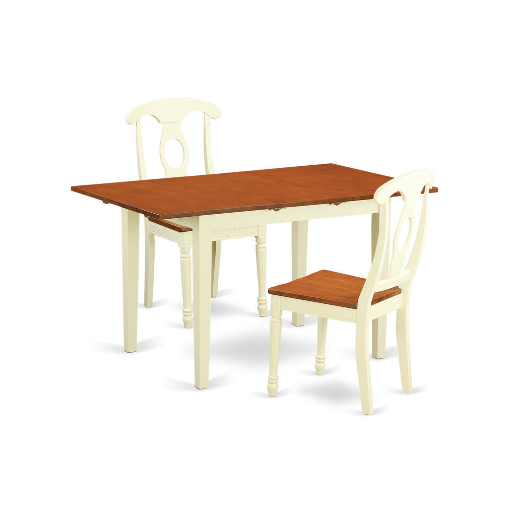 East West Furniture NOKE3-WHI-W 3 Piece Dining Table Set for Small Spaces Contains a Rectangle Dining Room Table with Butterfly Leaf and 2 Wooden Seat Chairs, 32x54 Inch, Buttermilk & Cherry
