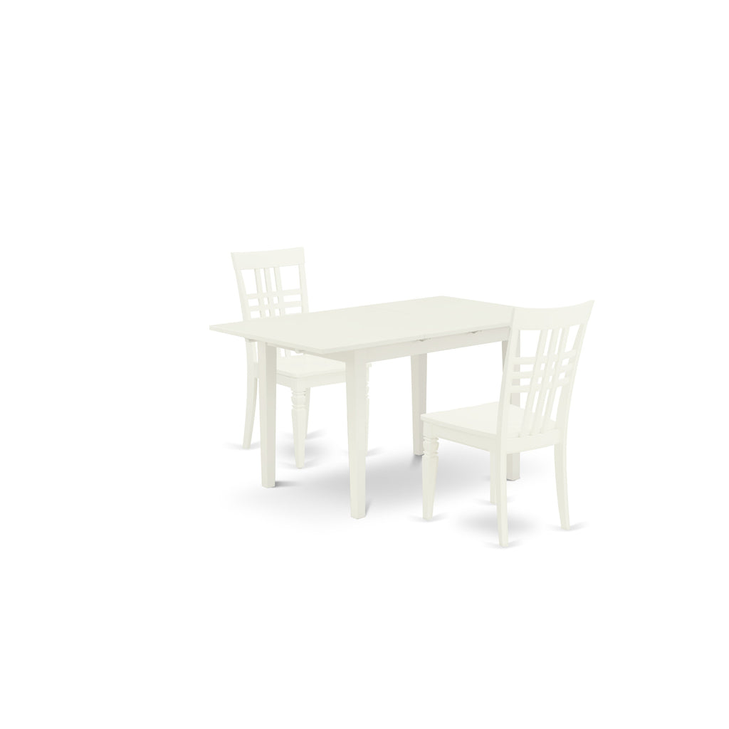 East West Furniture NOLG3-LWH-W 3 Piece Modern Dining Table Set Contains a Rectangle Wooden Table with Butterfly Leaf and 2 Kitchen Dining Chairs, 32x54 Inch, Linen White