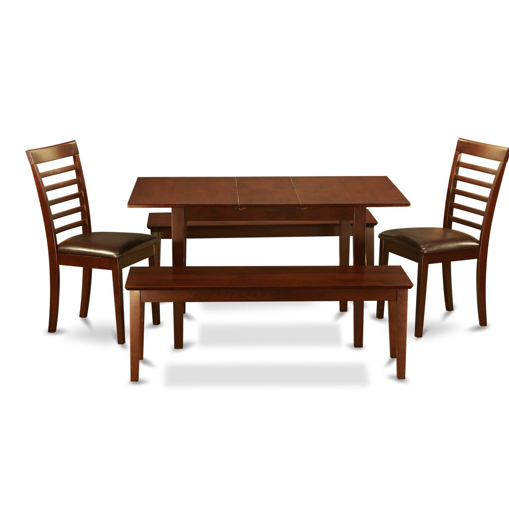 East West Furniture NOML5C-MAH-LC 5 Piece Dining Table Set Includes a Rectangle Dining Room Table with Butterfly Leaf and 2 Faux Leather Upholstered Chairs with 2 Benches, 32x54 Inch, Mahogany