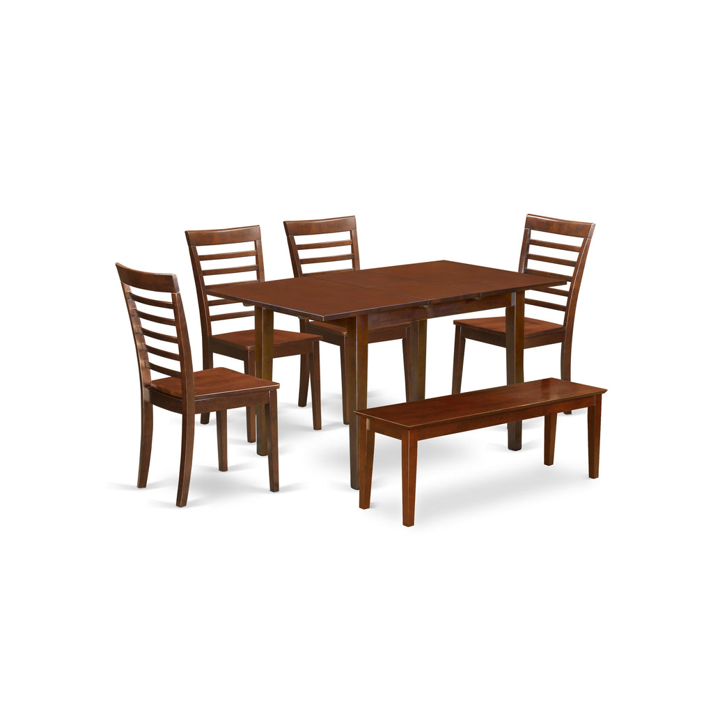 East West Furniture NOML6C-MAH-W 6 Piece Dining Room Furniture Set Contains a Rectangle Kitchen Table with Butterfly Leaf and 4 Dining Chairs with a Bench, 32x54 Inch, Mahogany
