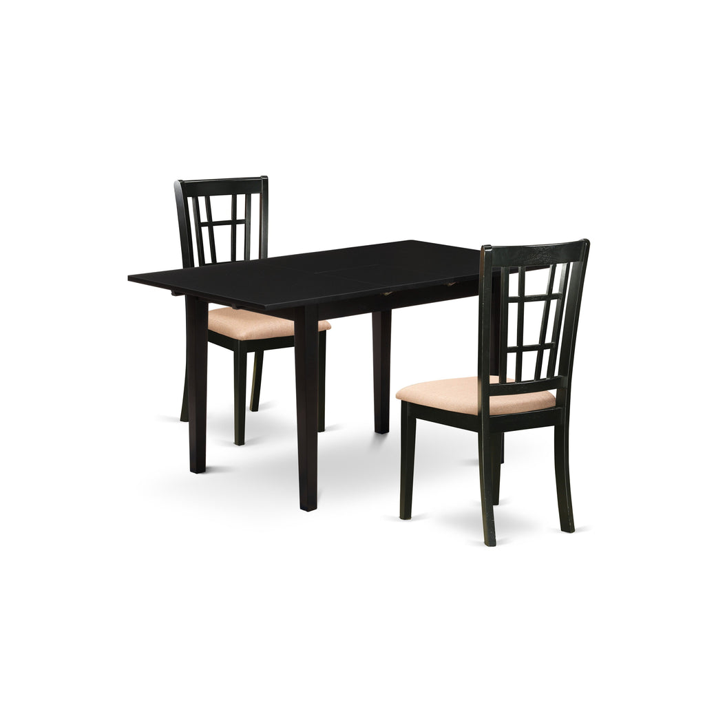 East West Furniture NONI3-BLK-C 3 Piece Modern Dining Table Set Contains a Rectangle Wooden Table with Butterfly Leaf and 2 Linen Fabric Upholstered Chairs, 32x54 Inch, Black
