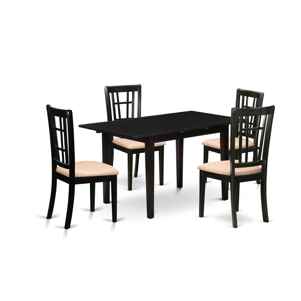 East West Furniture NONI5-BLK-C 5 Piece Dining Table Set for 4 Includes a Rectangle Kitchen Table with Butterfly Leaf and 4 Linen Fabric Upholstered Chairs, 32x54 Inch, Black