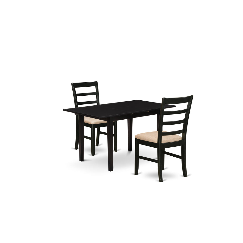 East West Furniture NOPF3-BLK-C 3 Piece Dining Room Table Set Contains a Rectangle Kitchen Table with Butterfly Leaf and 2 Linen Fabric Upholstered Chairs, 32x54 Inch, Black