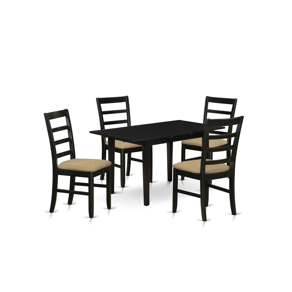 East West Furniture NOPF5-BLK-C 5 Piece Dining Room Furniture Set Includes a Rectangle Kitchen Table with Butterfly Leaf and 4 Linen Fabric Upholstered Chairs, 32x54 Inch, Black
