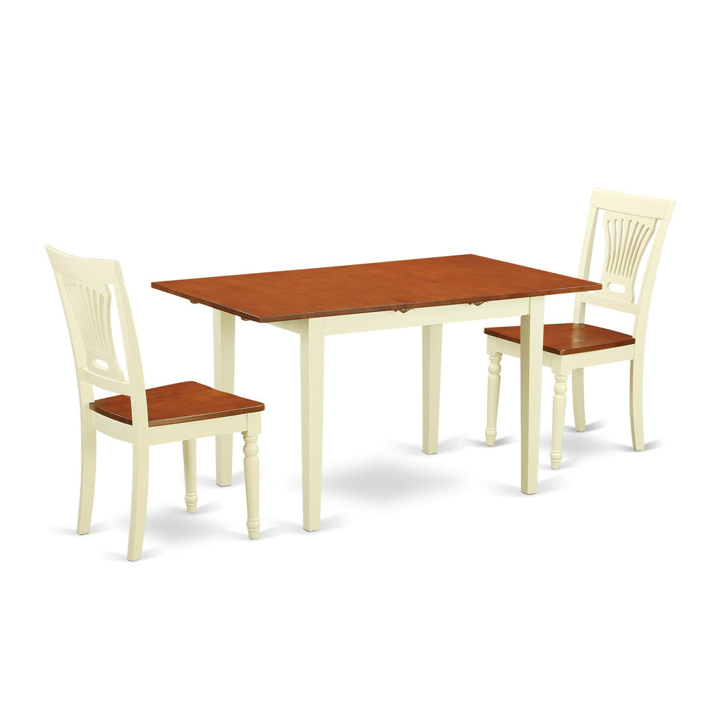 East West Furniture NOPL3-WHI-W 3 Piece Dining Table Set for Small Spaces Contains a Rectangle Dining Room Table with Butterfly Leaf and 2 Wood Seat Chairs, 32x54 Inch, Buttermilk & Cherry