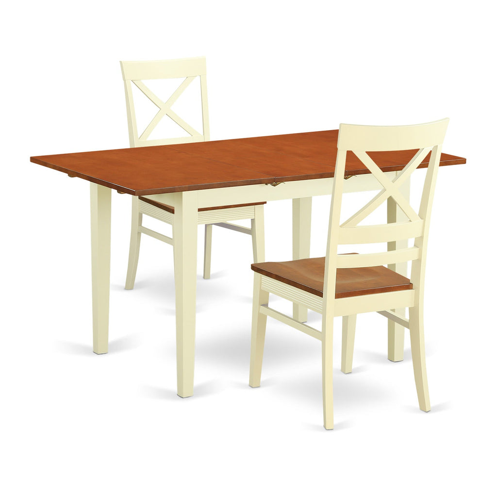 East West Furniture NOQU3-WHI-W 3 Piece Modern Dining Table Set Contains a Rectangle Wooden Table with Butterfly Leaf and 2 Dining Chairs, 32x54 Inch, Buttermilk & Cherry
