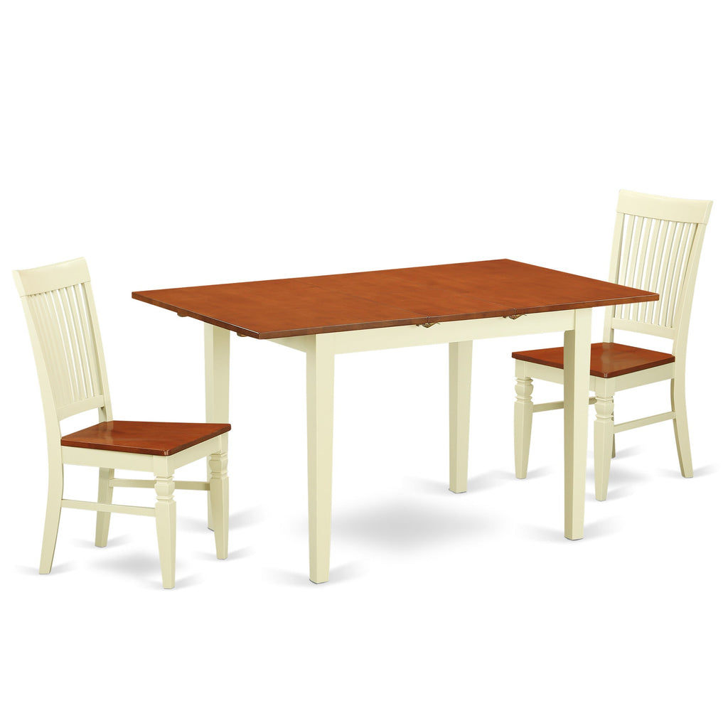 East West Furniture NOWE3-BMK-W 3 Piece Kitchen Table & Chairs Set Contains a Rectangle Dining Room Table with Butterfly Leaf and 2 Solid Wood Seat Chairs, 32x54 Inch, Buttermilk & Cherry