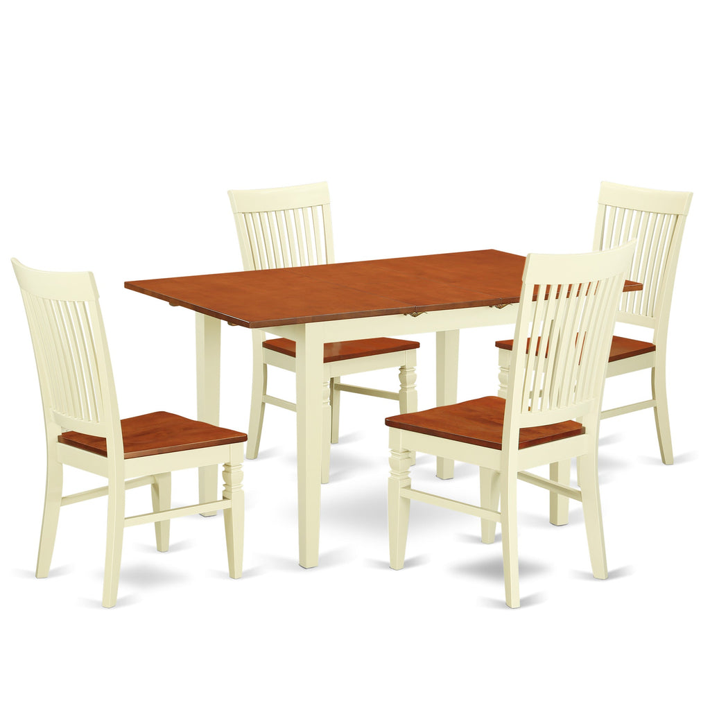 East West Furniture NOWE5-BMK-W 5 Piece Dining Table Set for 4 Includes a Rectangle Kitchen Table with Butterfly Leaf and 4 Dinette Chairs, 32x54 Inch, Buttermilk & Cherry