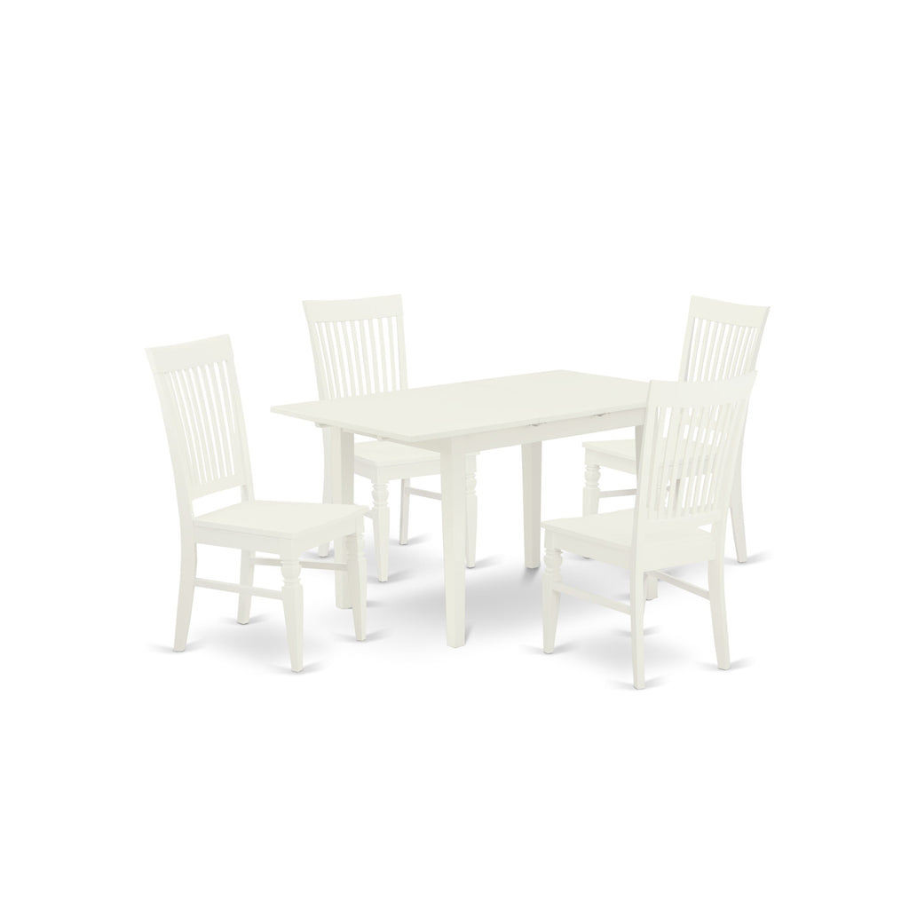 East West Furniture NOWE5-WHI-W 5 Piece Modern Dining Table Set Includes a Rectangle Wooden Table with Butterfly Leaf and 4 Dining Room Chairs, 32x54 Inch, Linen White