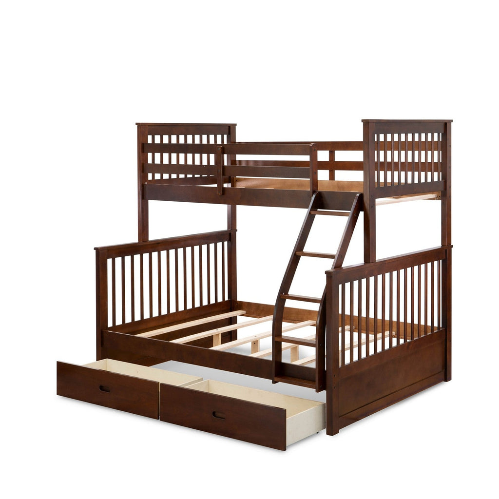 ODB-03-WA lovely twin bed - two split beds, a ladder with five steps and the both beds secure due to guard rails and two drawers- Twin/Full-size bunk bed-Phillip Walnut Finish