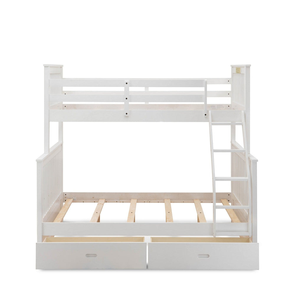 ODB-05-WA gorgeous wood bed - two split beds, a ladder with five steps and the both beds secure due to guard rails and two drawers- Twin/Full-size bunk bed-Linen White Finnish