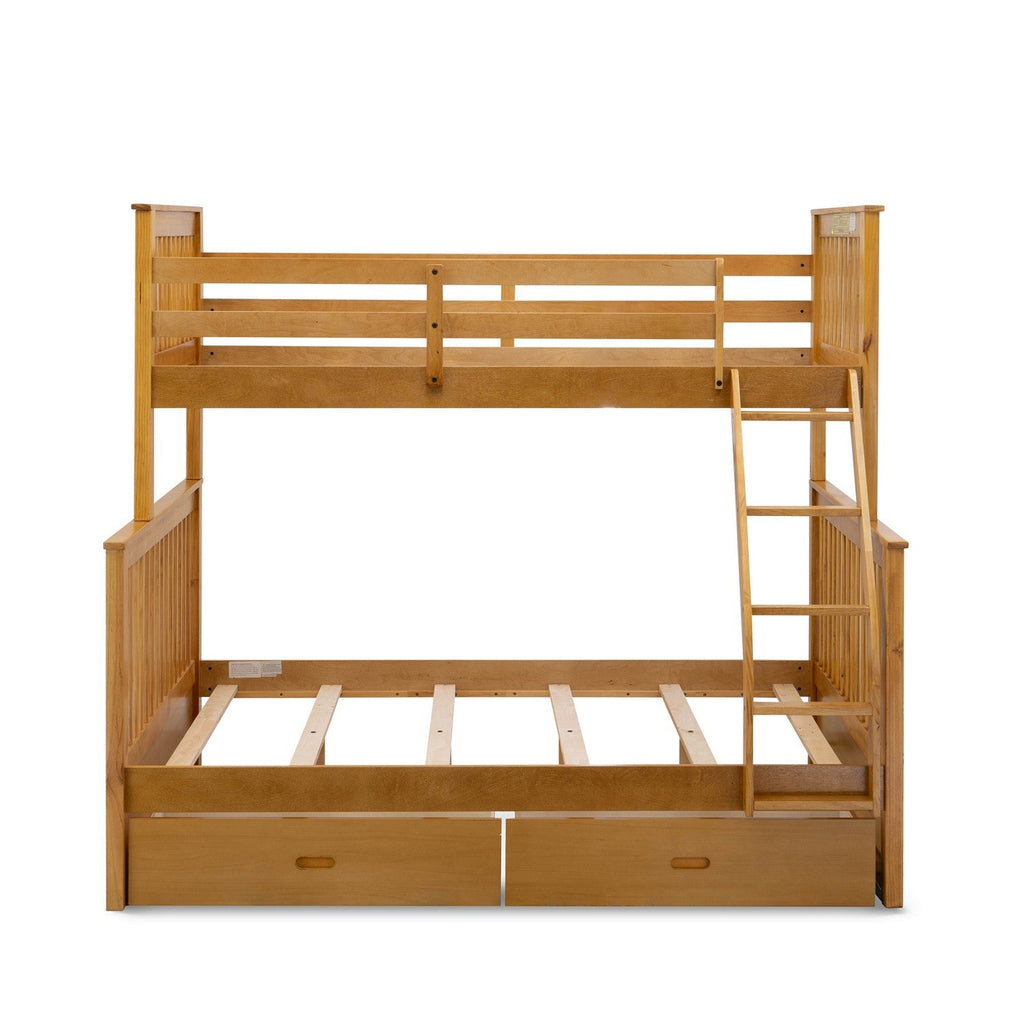 ODB-09-WA beautiful kid’s twin bed- two split beds, a ladder with five steps and the both beds secure due to guard rails and two drawers- Twin/Full-size bunk bed-Natural Oak Finish
