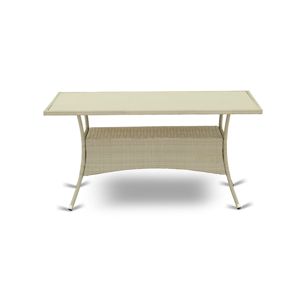 East West Furniture OSLTG03 Oslo Patio Wicker Dining Table - Rectangle PE Wicker Table with Glass Top, 36x60 Inch, Natural Linen