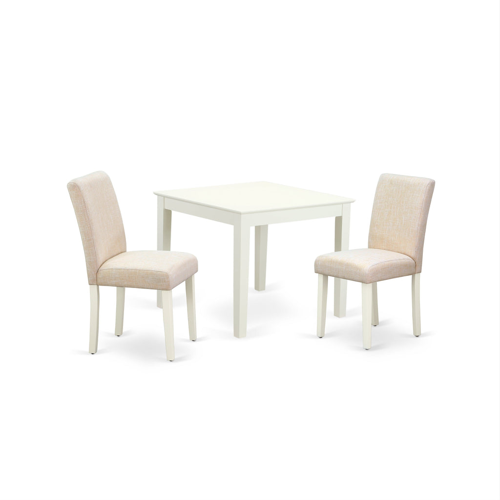 East West Furniture OXAB3-LWH-02 3 Piece Modern Dining Table Set Contains a Square Wooden Table and 2 Light Beige Linen Fabric Upholstered Parson Chairs, 36x36 Inch, Linen White
