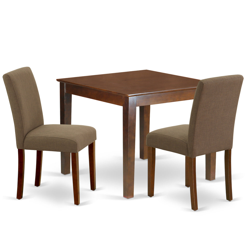 East West Furniture OXAB3-MAH-18 3 Piece Kitchen Table Set for Small Spaces Contains a Square Dining Room Table and 2 Coffee Linen Fabric Parsons Dining Chairs, 36x36 Inch, Mahogany