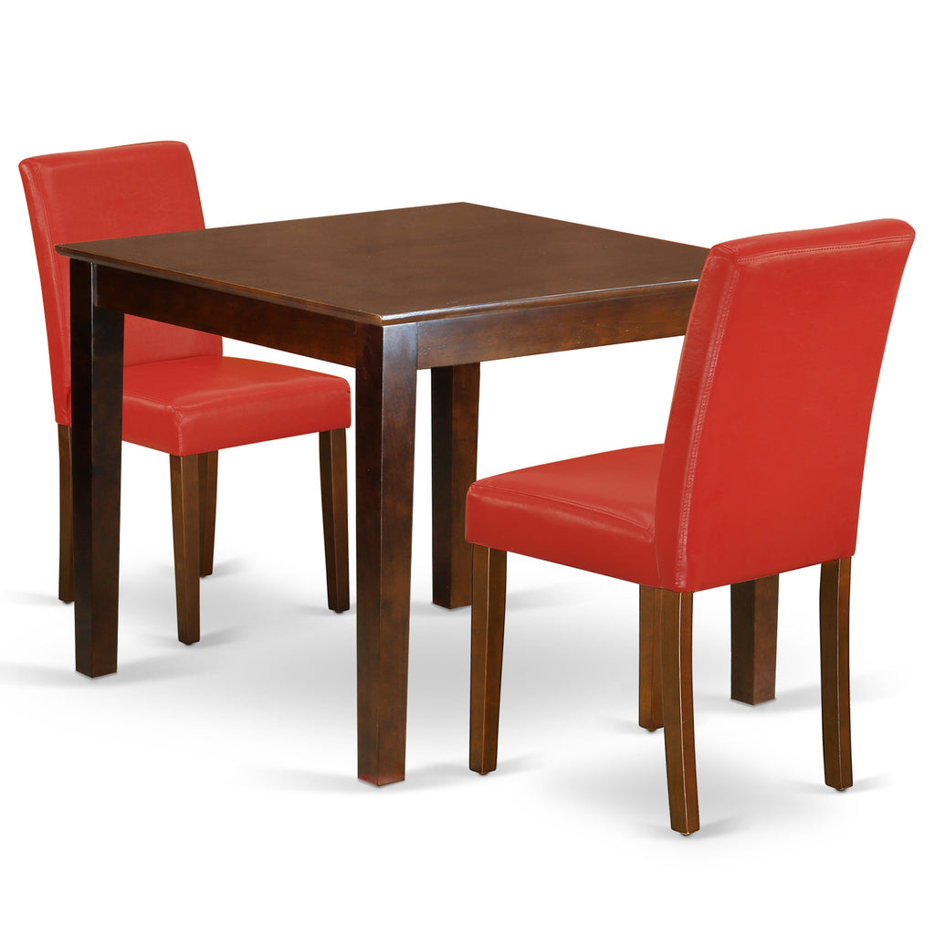 East West Furniture OXAB3-MAH-72 3 Piece Dining Table Set for Small Spaces Contains a Square Dining Room Table and 2 Firebrick Red Faux Leather Upholstered Chairs, 36x36 Inch, Mahogany