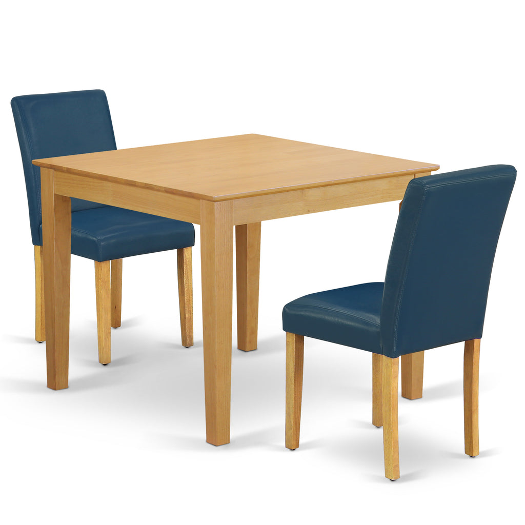 East West Furniture OXAB3-OAK-55 3 Piece Kitchen Table Set for Small Spaces Contains a Square Dining Room Table and 2 Oasis Blue Faux Leather Upholstered Chairs, 36x36 Inch, Oak