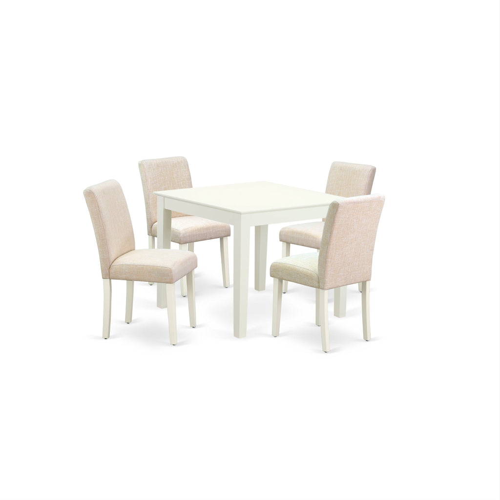 East West Furniture OXAB5-LWH-02 5 Piece Dining Table Set for 4 Includes a Square Kitchen Table and 4 Light Beige Linen Fabric Upholstered Parson Chairs, 36x36 Inch, Linen White