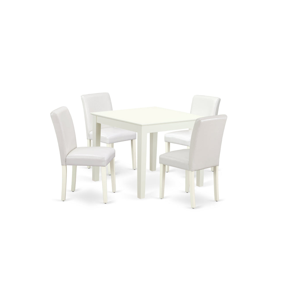 East West Furniture OXAB5-LWH-64 5 Piece Dining Room Table Set Includes a Square Wooden Table and 4 White Faux Leather Upholstered Parson Chairs, 36x36 Inch, Linen White