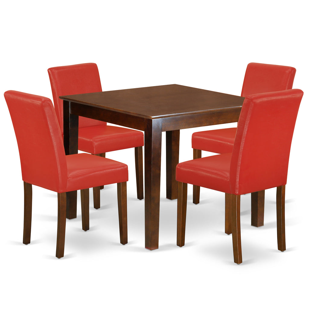 East West Furniture OXAB5-MAH-72 5 Piece Modern Dining Table Set Includes a Square Wooden Table and 4 Firebrick Red Faux Leather Parson Dining Chairs, 36x36 Inch, Mahogany