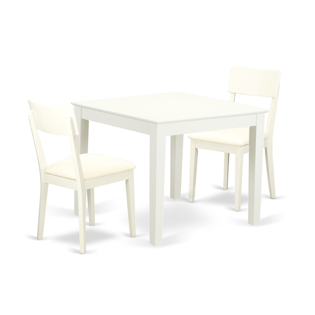 East West Furniture OXAD3-LWH-LC 3 Piece Modern Dining Table Set Contains a Square Wooden Table and 2 Faux Leather Dining Room Chairs, 36x36 Inch, Linen White