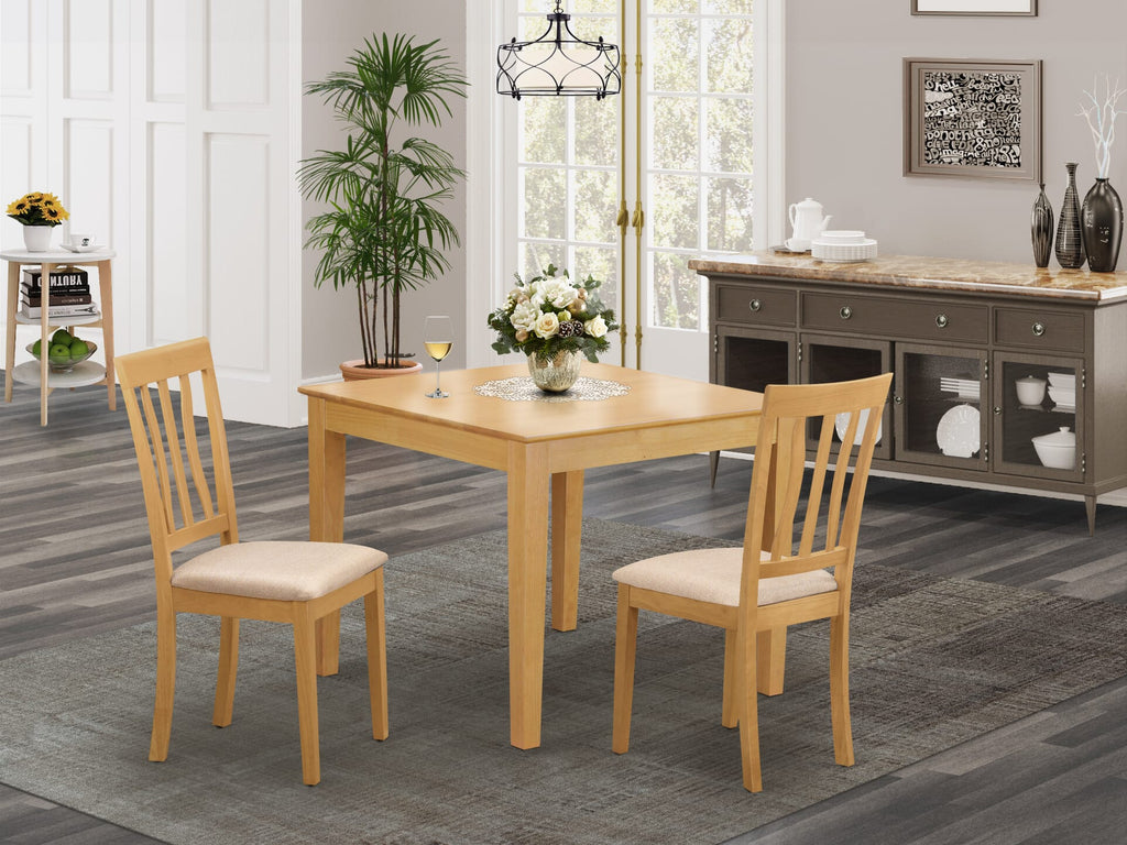 East West Furniture OXAN3-OAK-C 3 Piece Dining Table Set for Small Spaces Contains a Square Dining Room Table and 2 Linen Fabric Upholstered Chairs, 36x36 Inch, Oak