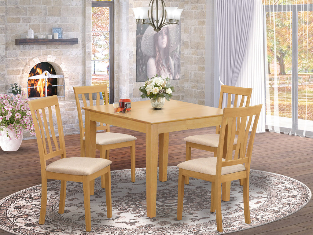 East West Furniture OXAN5-OAK-C 5 Piece Kitchen Table Set for 4 Includes a Square Dining Table and 4 Linen Fabric Dining Room Chairs, 36x36 Inch, Oak